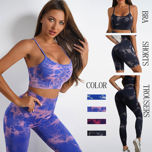 Women's Tie-dye Print Yoga Suit Women Fitness Sports High Waist Trousers Or Shorts Set